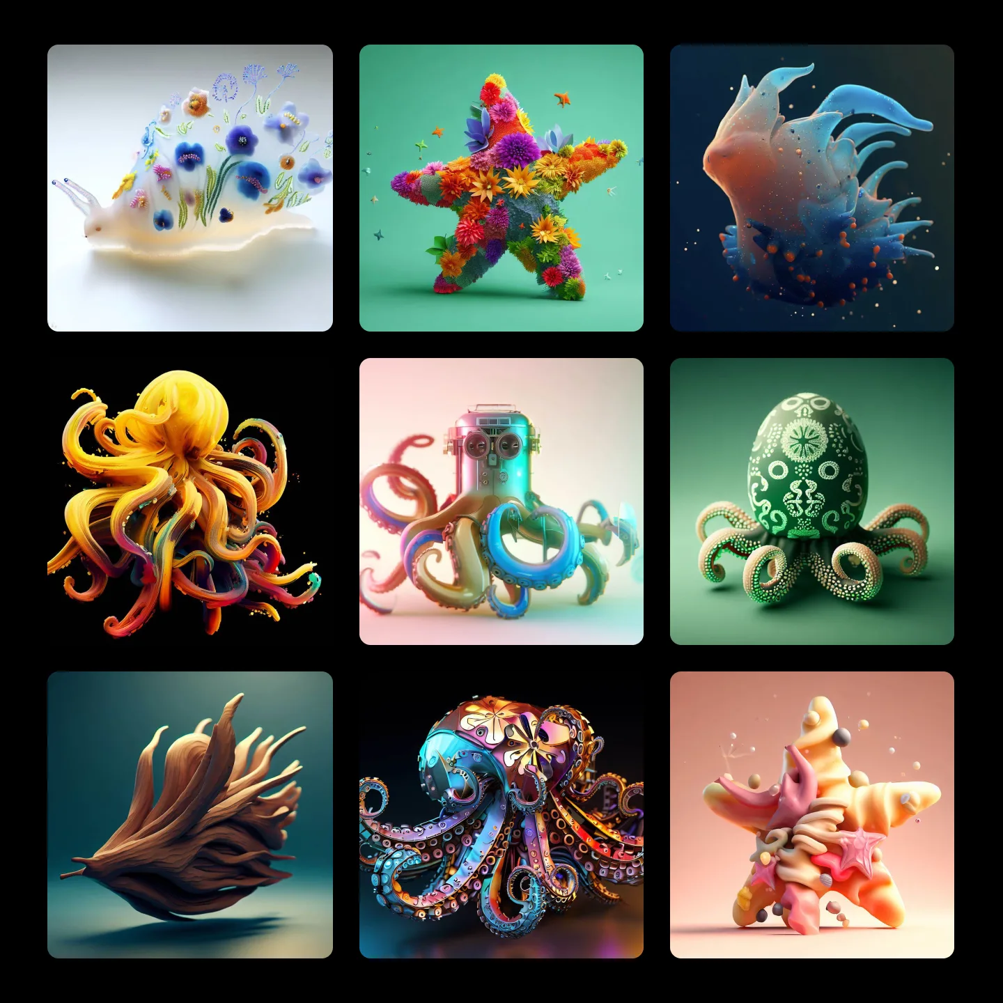 A collection of octopuses in different colors.
