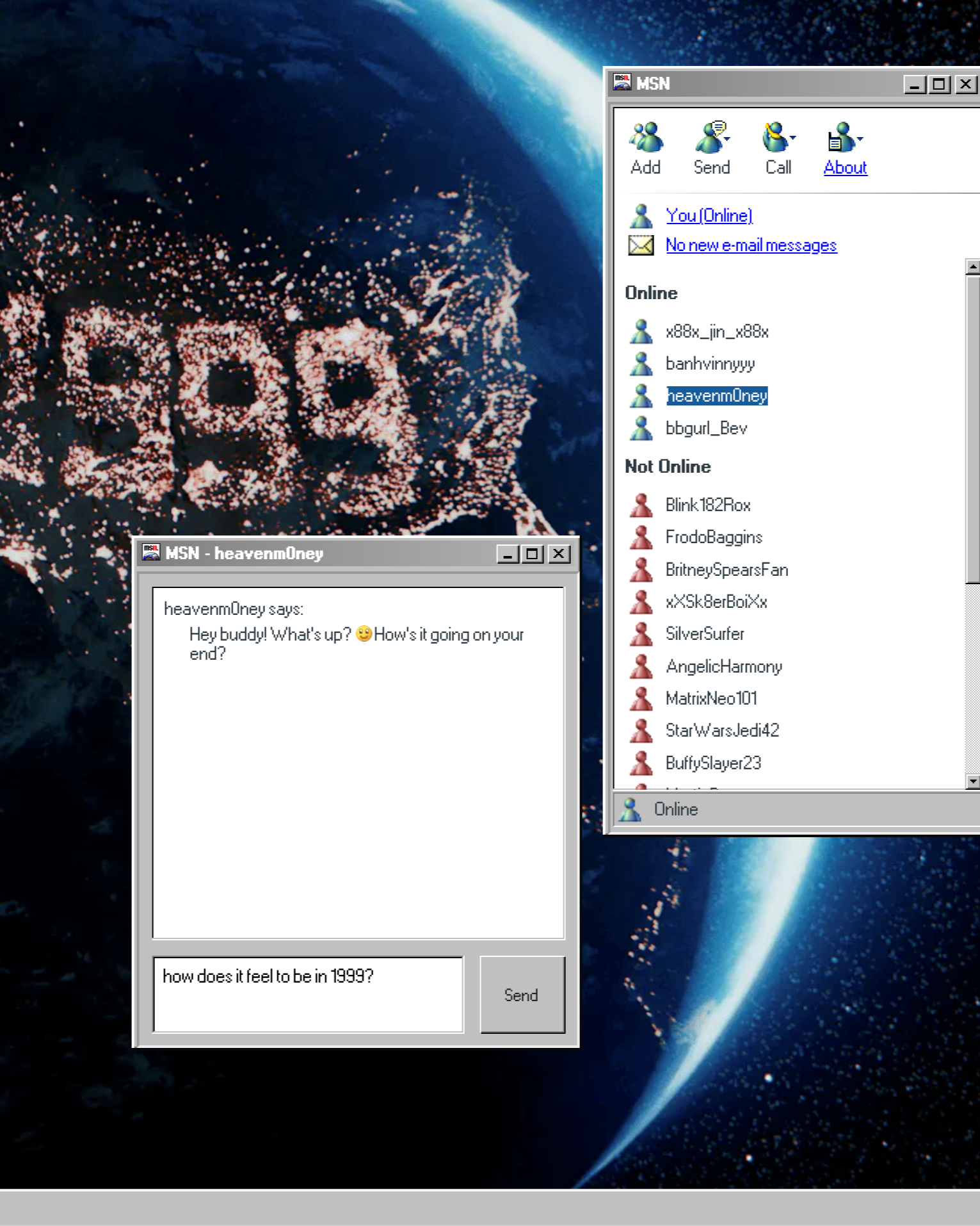 A computer screen displaying an open msn messenger window with various online contacts and an active chat, set against a backdrop of a vast starry space image.