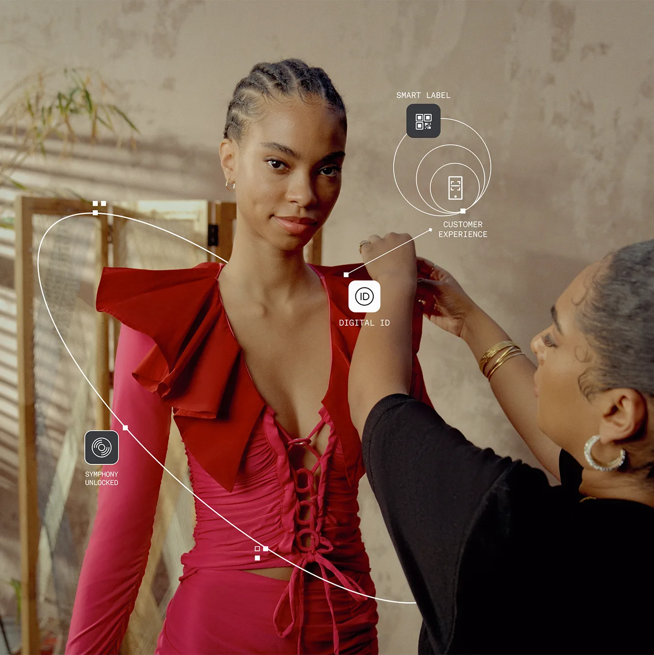 A woman is putting on a dress on a model.