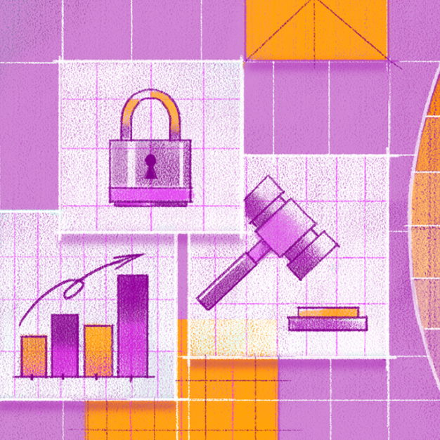 Illustration depicting a bar graph, a padlock, a gavel, and a signature against a purple and orange grid background, symbolizing concepts of data, security, law, and authorization.