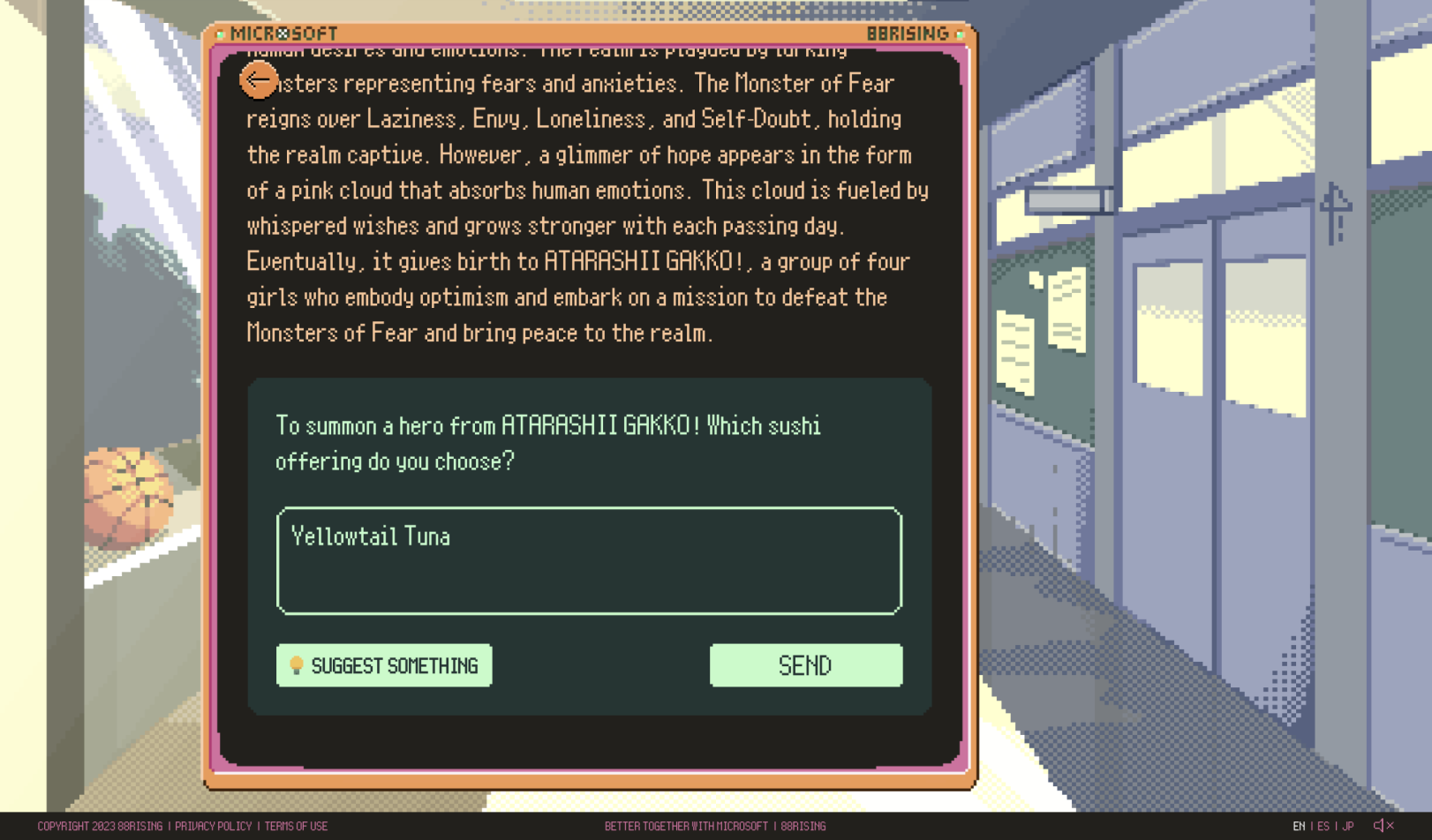 A screenshot of the experience showing a text box and a school hallway in the background.