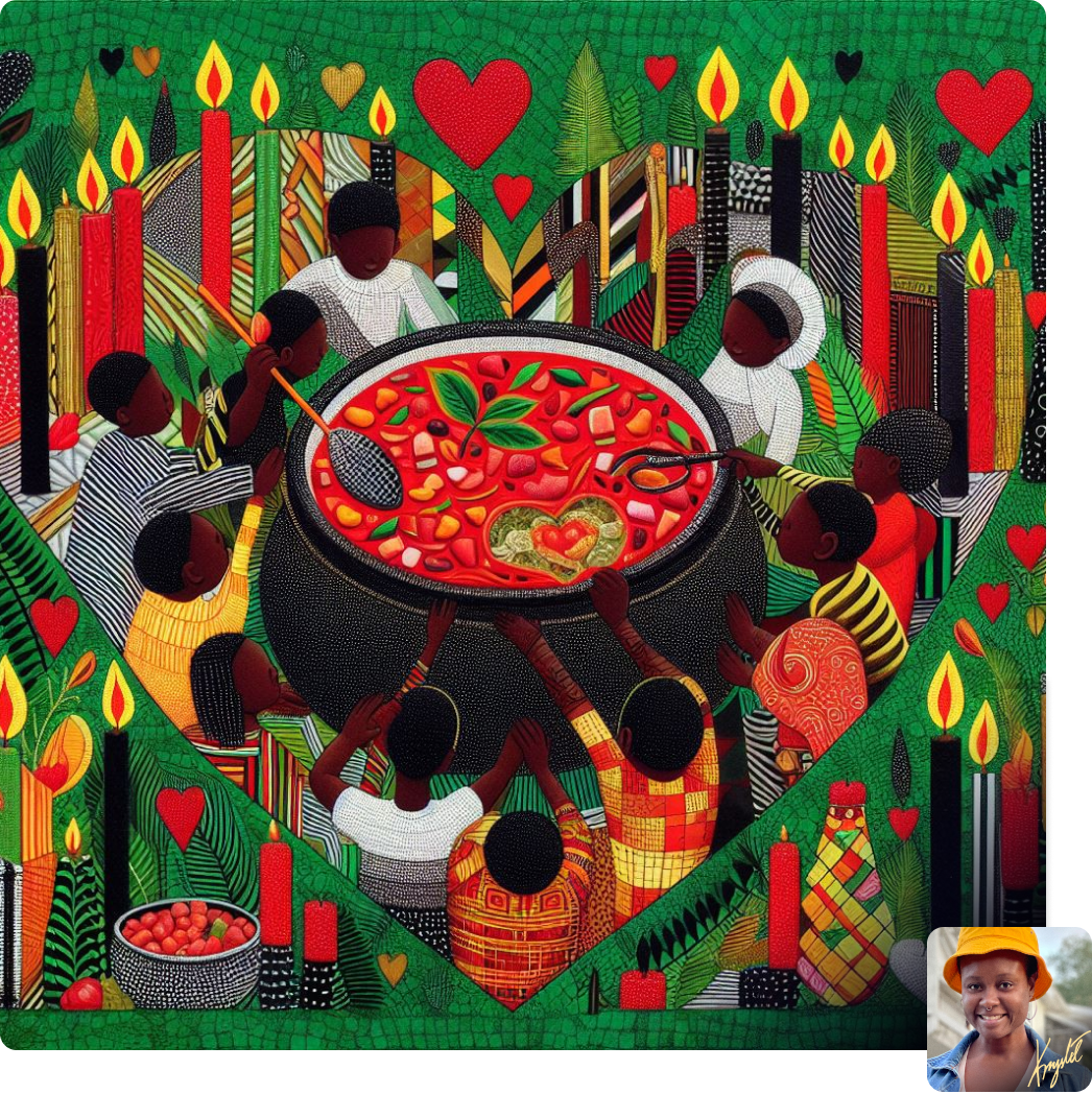 A painting of a group of people around a pot of food.