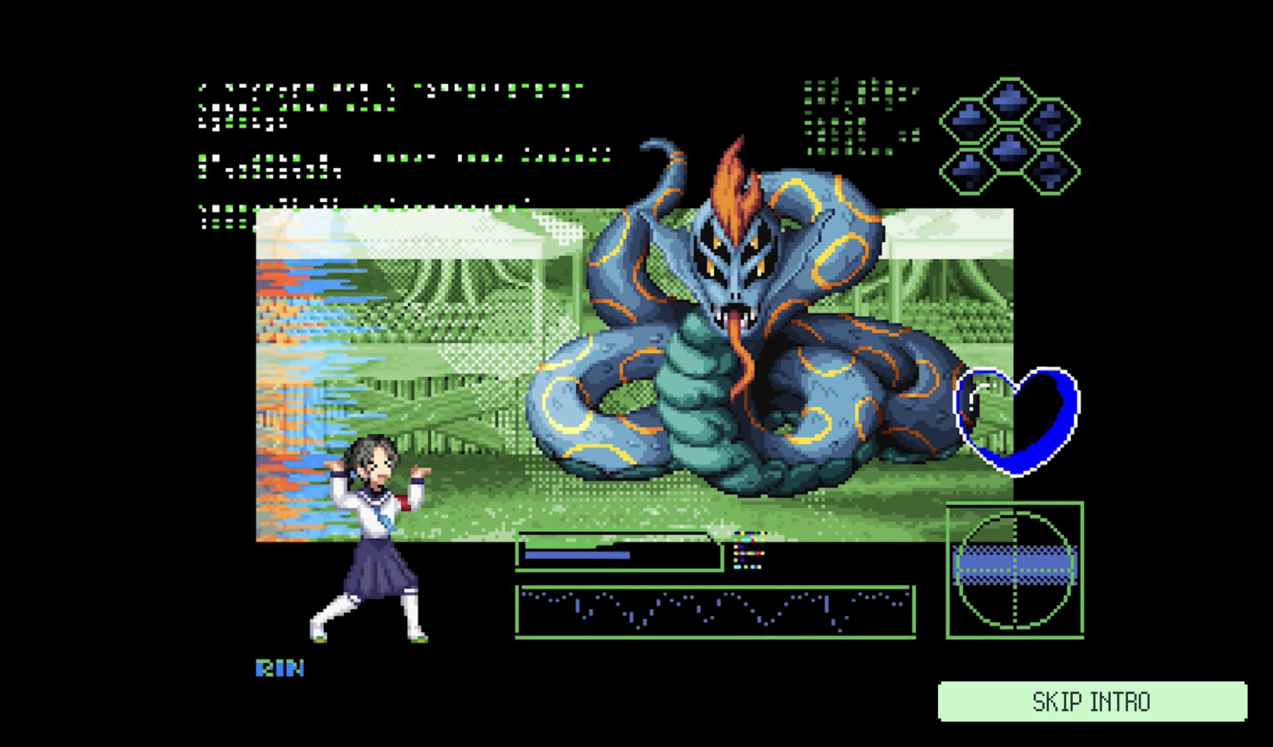 A screenshot of the experience showing a girl battling a monster.