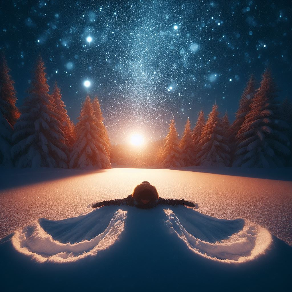 A girl laying in the snow under a starry sky.