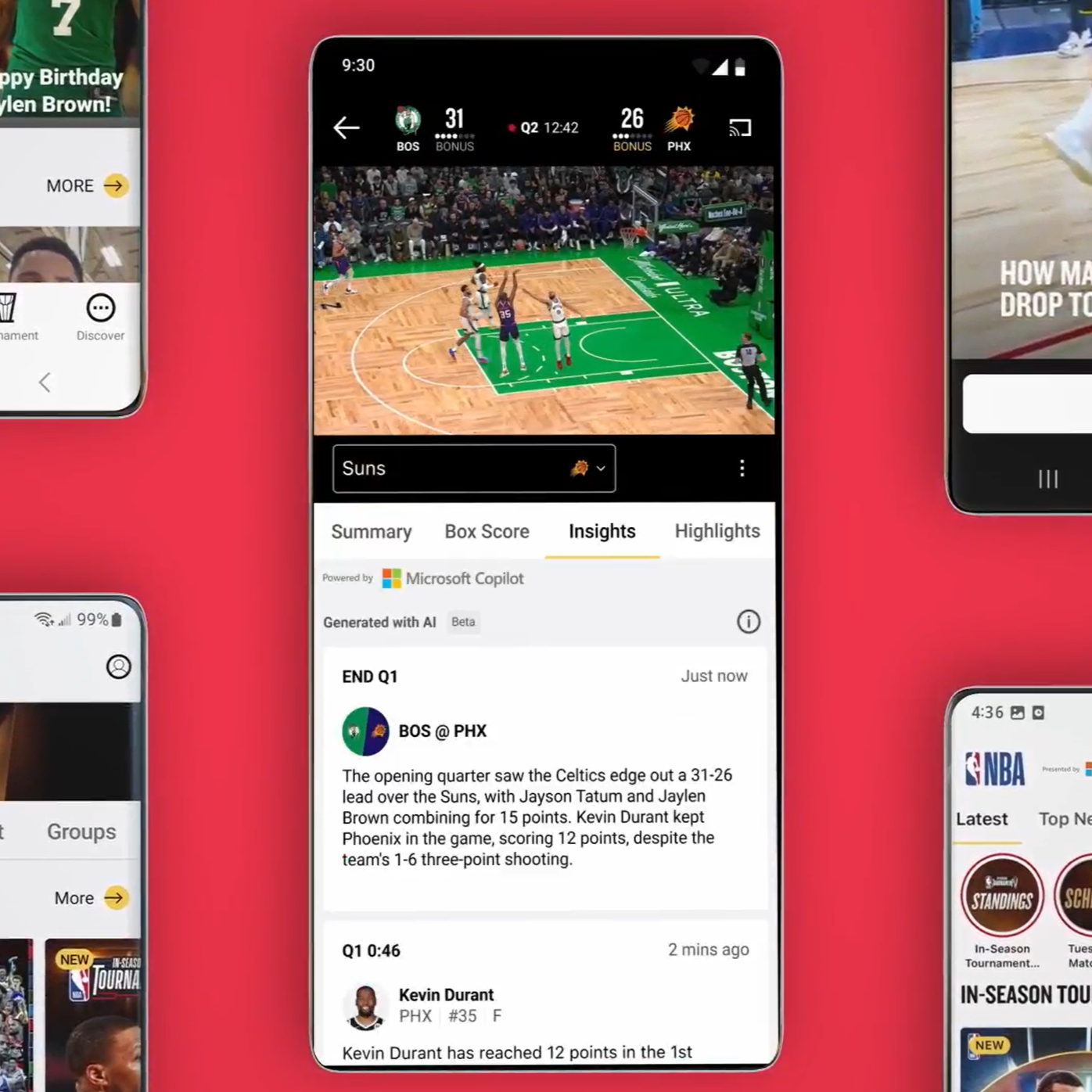 A screenshot of a smartphone showing a live basketball game between the boston celtics and the phoenix suns on a sports app.
