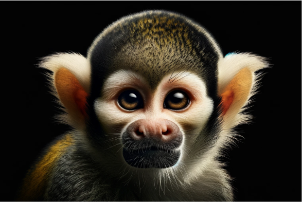 A close up of a monkey on a black background.