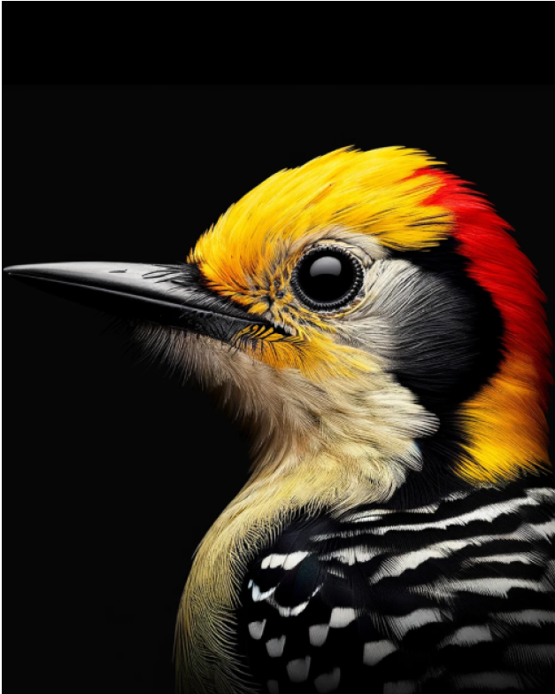 A black background with a yellow and red bird on it.