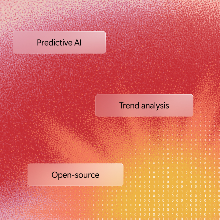 Abstract background with a gradient from red to yellow, overlaid with digital binary code and three labels: "predictive ai," "trend analysis," and "open-source.