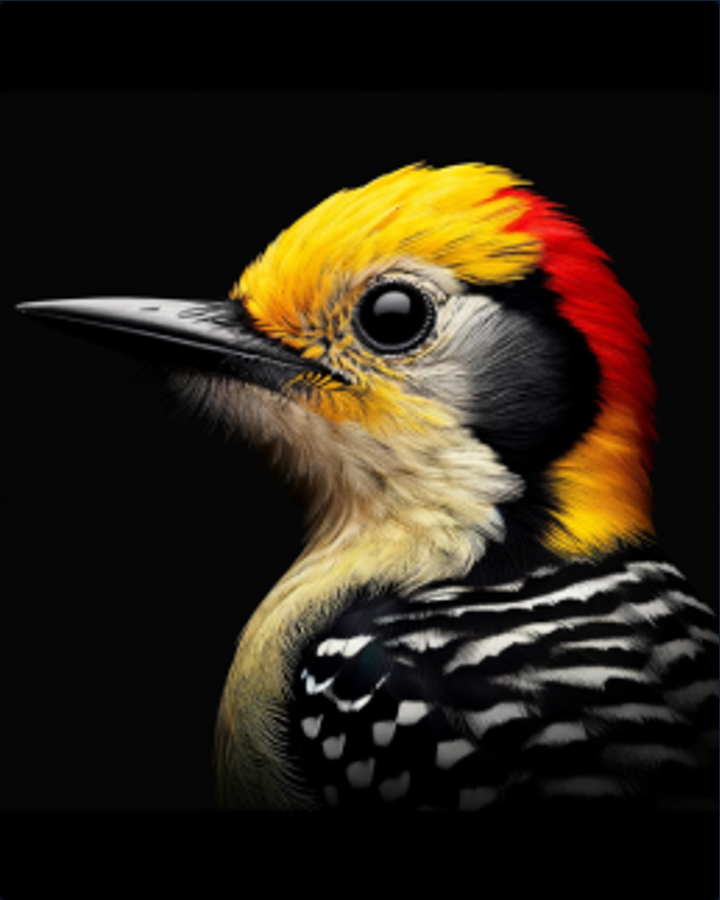 Close-up of a woodpecker with vivid yellow and black plumage and a red crown, against a dark background.