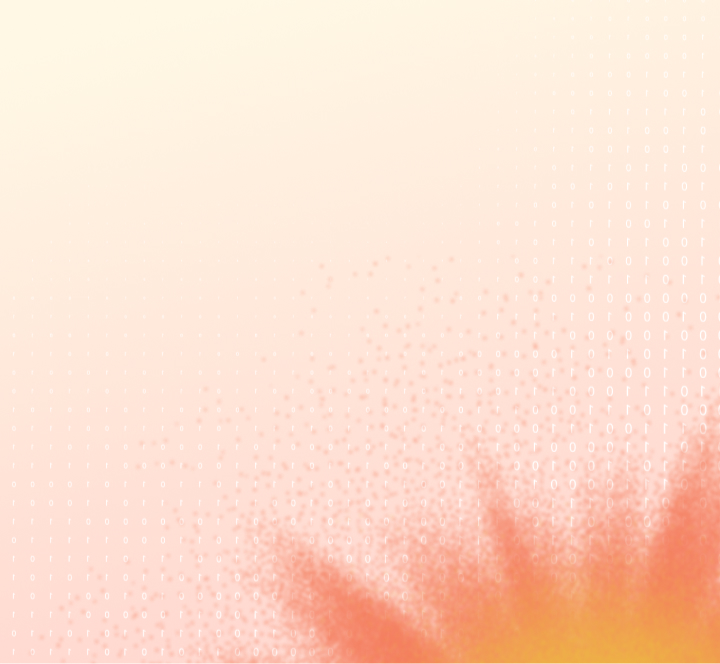 Orange and peach gradient background with a bottom corner embellished by a spritz of red and a pattern of raised dots.
