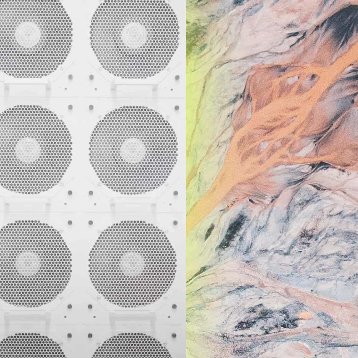 Side-by-side images: on the left, a regular pattern of four circular white ventilation grills on a metal surface; on the right, an abstract painting with swirling colors of orange, blue, and white.