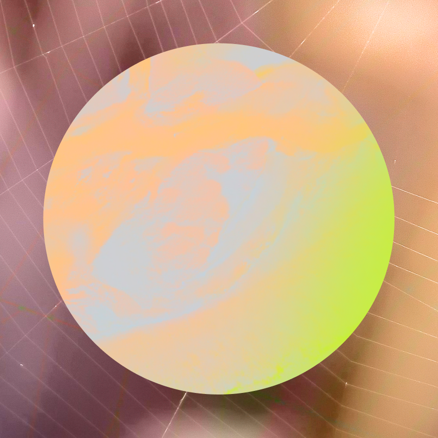 A gradient sphere with pastel colors of pink, orange, and yellow, overlaying a blurry geometric background.