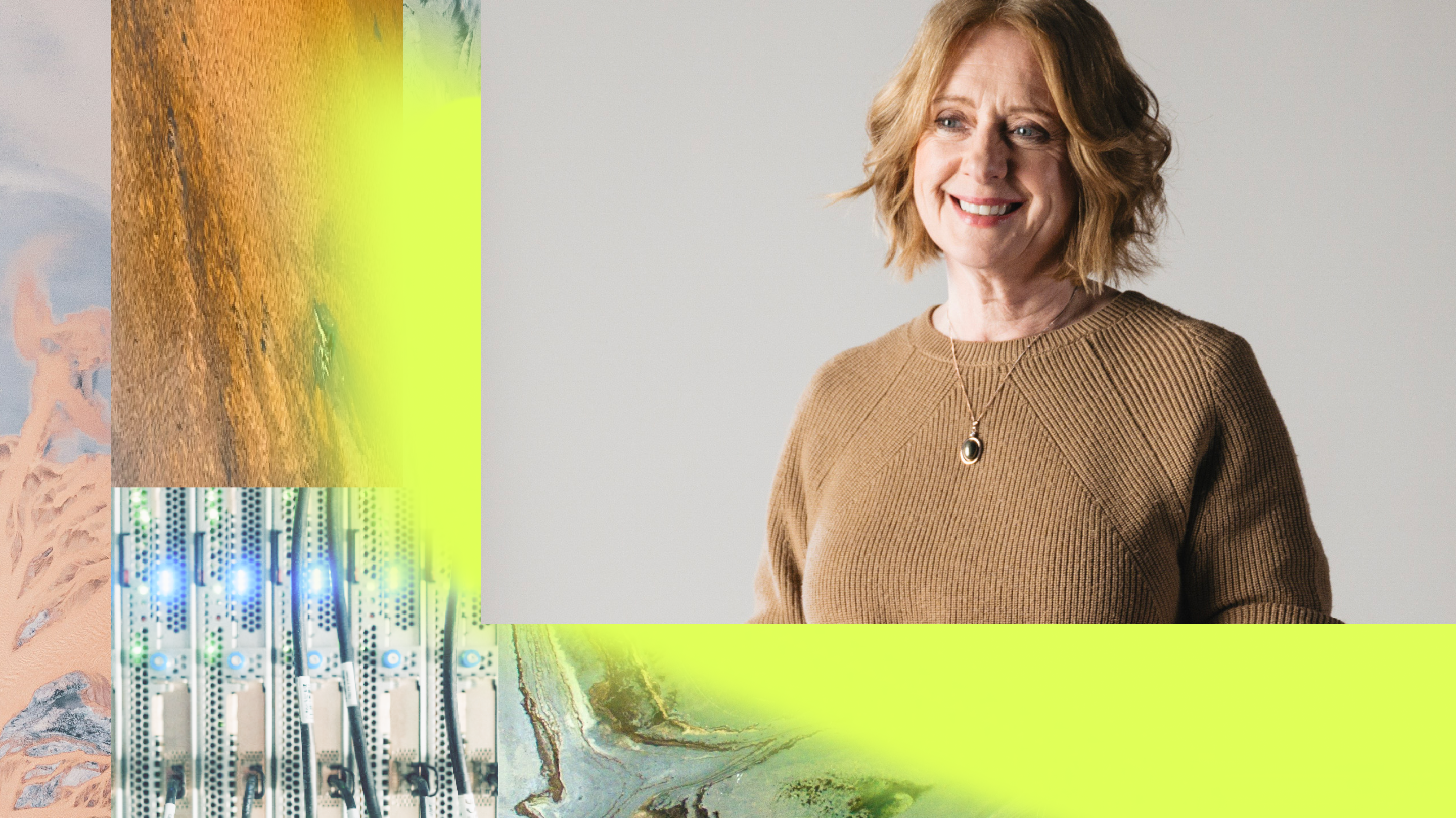 Collage with a smiling middle-aged woman in a sweater, abstract blue digital patterns, and green-tinted natural textures.