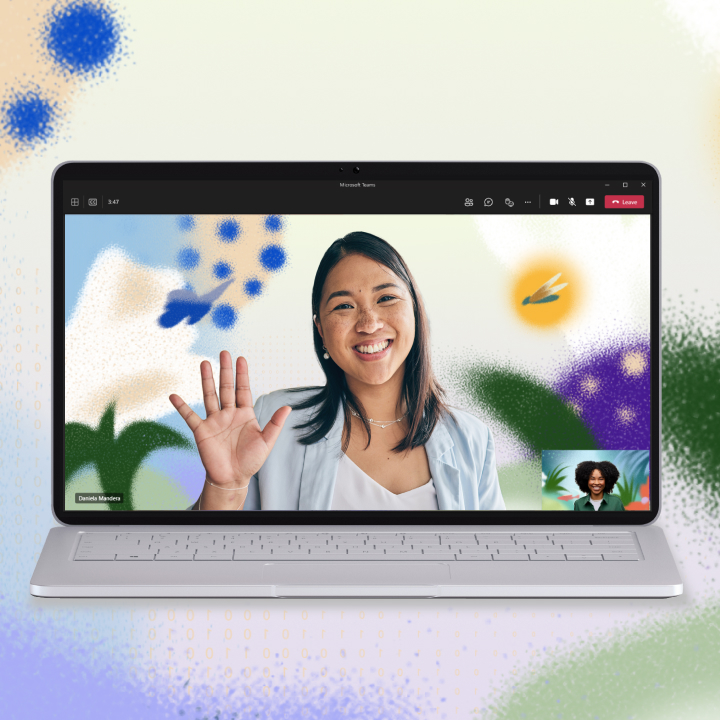 A laptop screen displaying a video call on microsoft teams with a smiling asian woman waving, and a small window showing another participant.