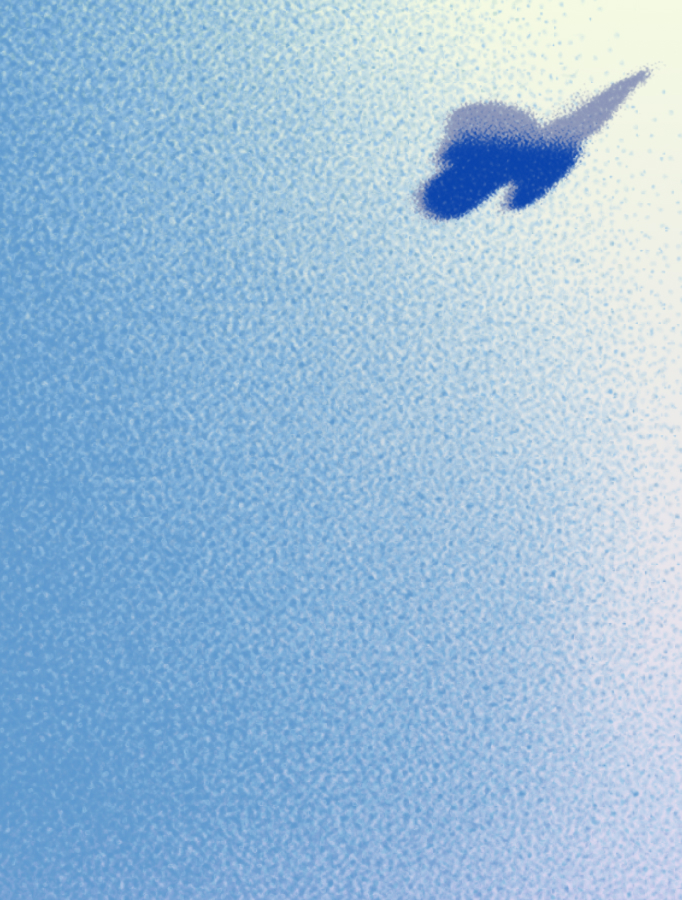 A stylized image of a blue bird silhouette in mid-flight against a textured light blue background.