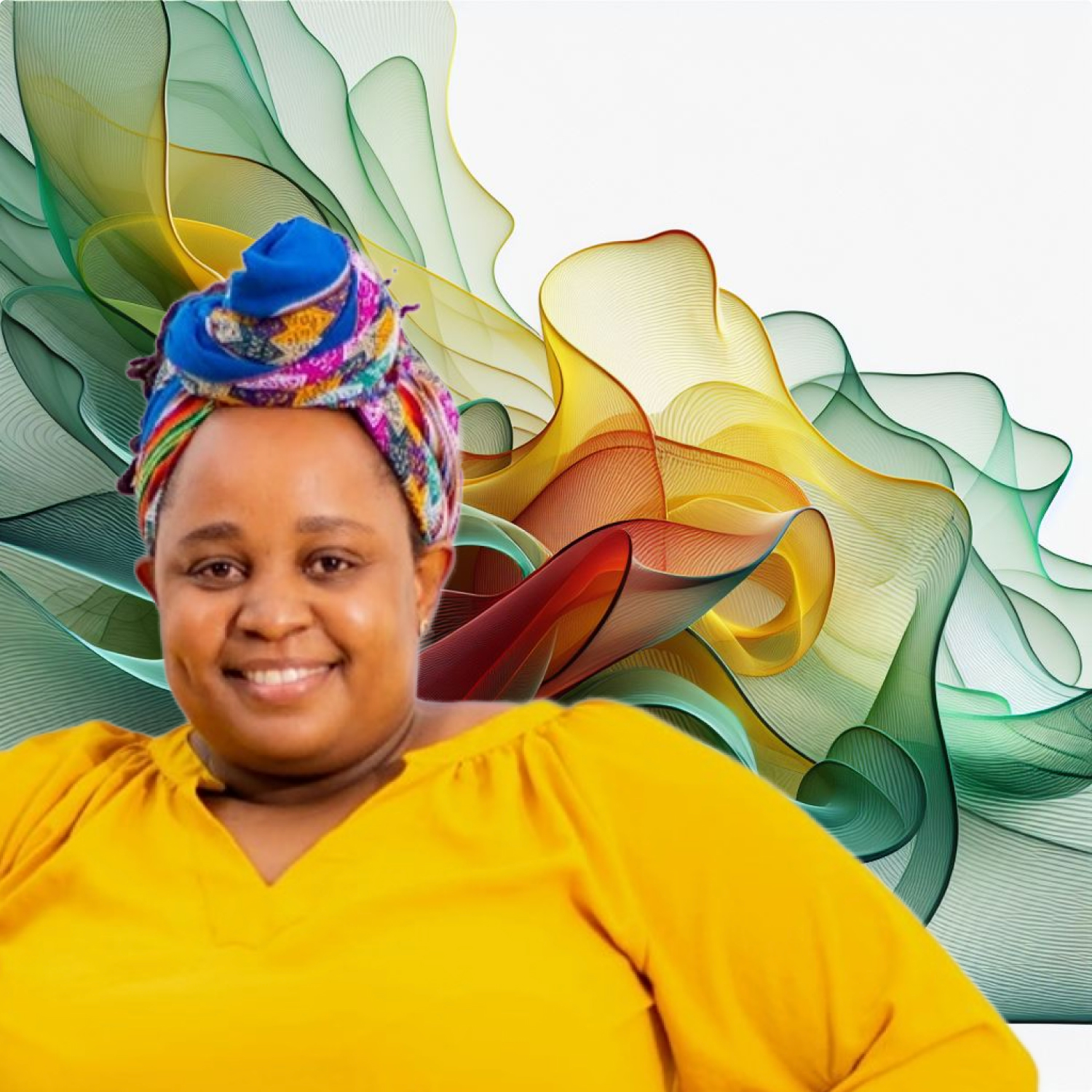 A smiling woman in a yellow top and colorful headwrap against a backdrop of vibrant, abstract wave designs.