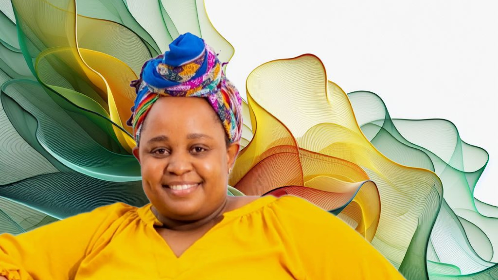 Smiling woman wearing a colorful headwrap and yellow blouse, with an abstract multicolored wavy background.