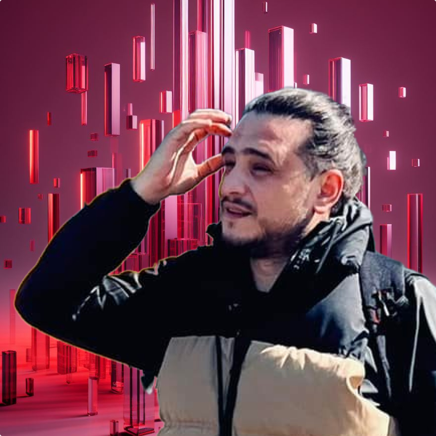 Man with a ponytail gazing into the distance against a futuristic pink and red cityscape background.