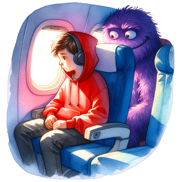 A young boy wearing headphones sits next to a friendly purple monster on an airplane, both looking out the window.