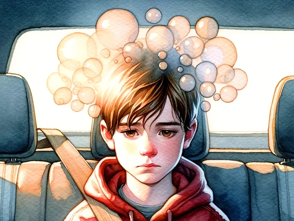 A young boy in a red hoodie looks sad in a car, with a bubble-like halo of glowing spheres around his head, suggesting imagination or thoughts.