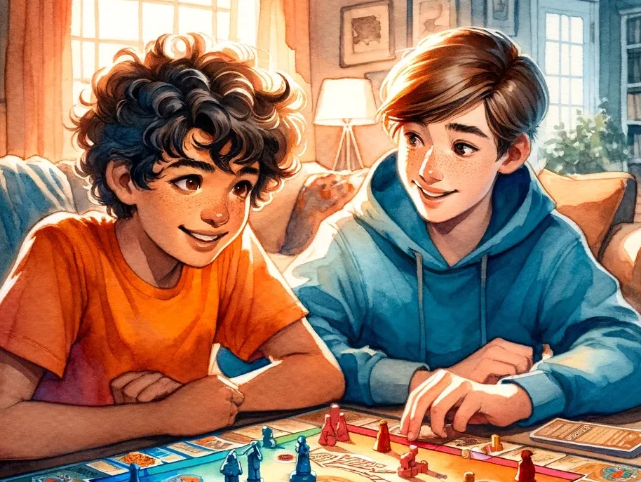Two young boys smiling and engaging in a board game, sitting on a couch in a warmly lit room.