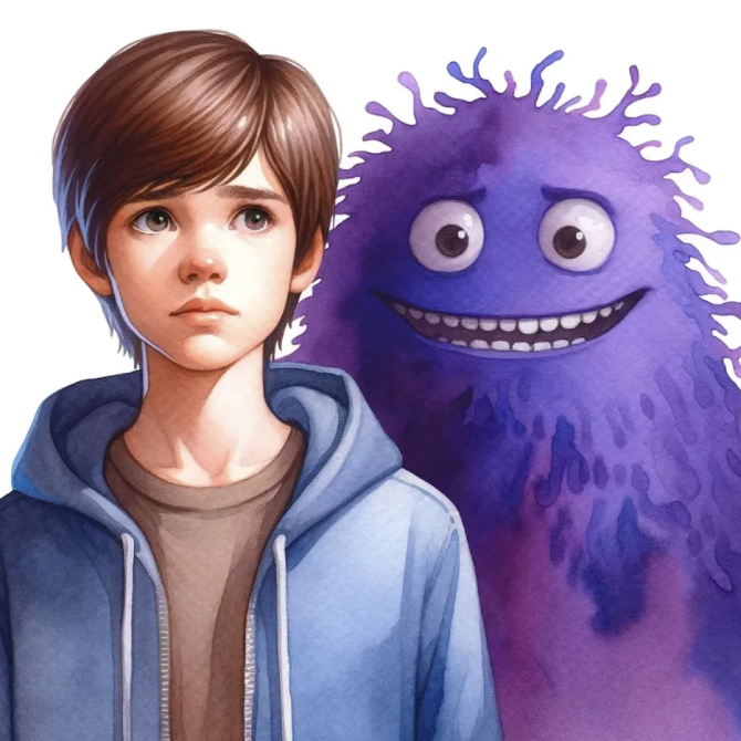 A young boy with a serious expression stands next to a friendly, purple, furry monster who is smiling.