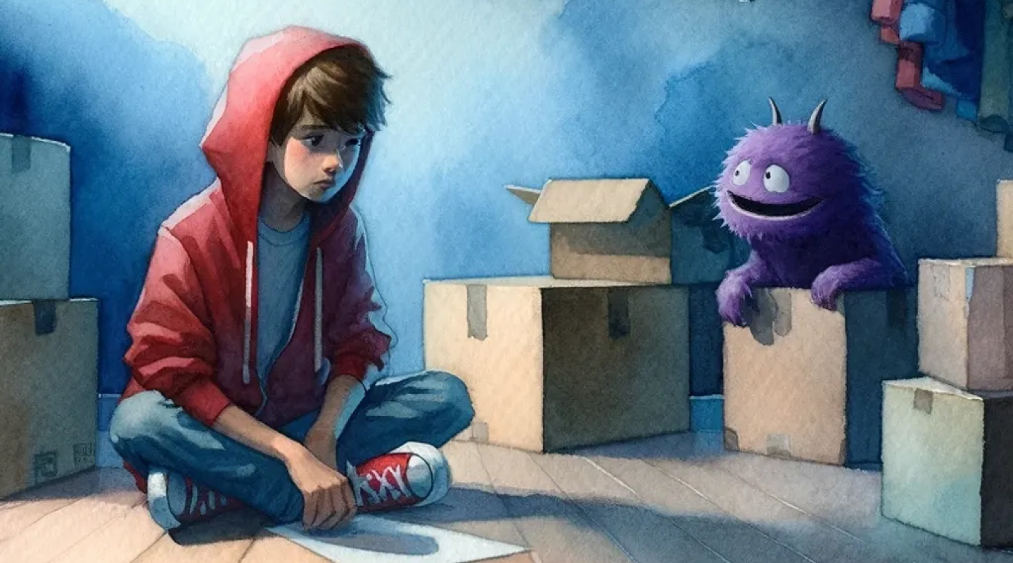 A boy in a red hoodie sits on the floor near cardboard boxes, looking at a purple, furry monster who sits on a box beside him.