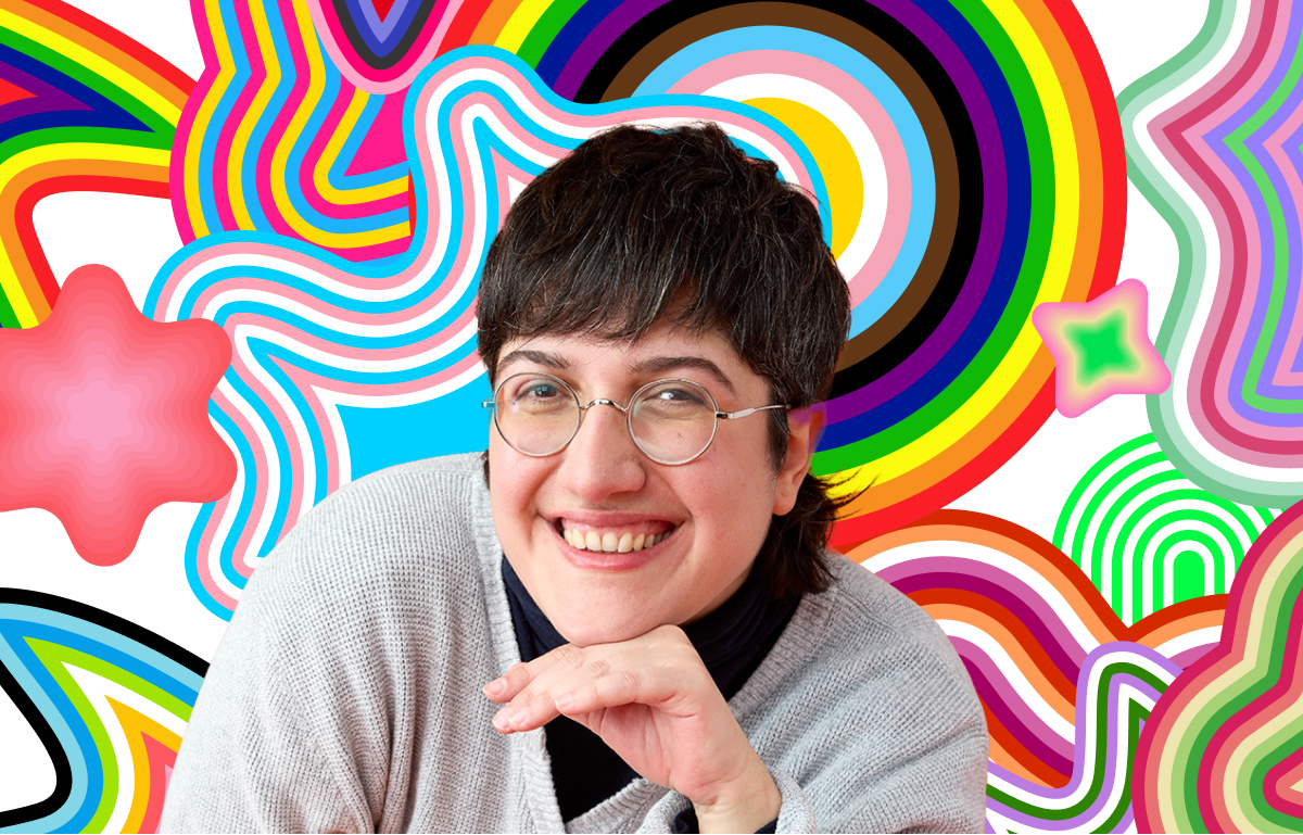 A person with short dark hair and round glasses smiles, resting their chin on their hand, with a colorful abstract background featuring various wavy patterns and shapes.