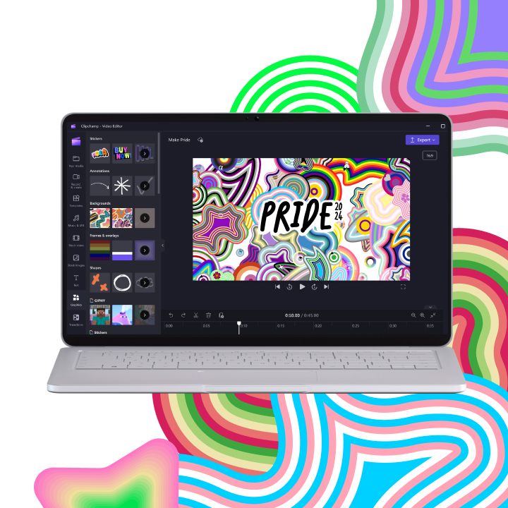 A laptop displays a colorful video editing application with a "PRIDE 2020" graphic on the screen. The background features vibrant, wavy patterns.