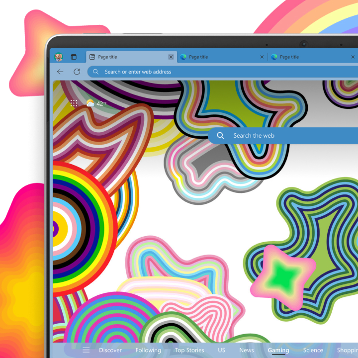 A computer screen displaying a web browser with three open tabs. The background features colorful, wavy star and cloud-like shapes in various bright colors. The search bar is highlighted.
