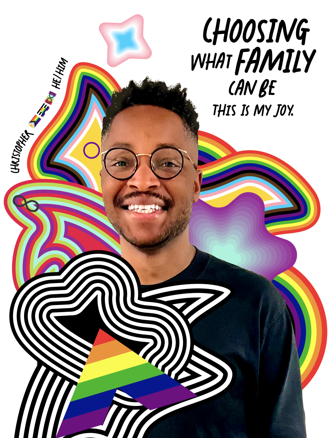 A person with round glasses smiles in front of a colorful, rainbow background. Text reads, "CHOOSING WHAT FAMILY CAN BE THIS IS MY JOY." Name and pronouns "Christopher he/him" are on the side.