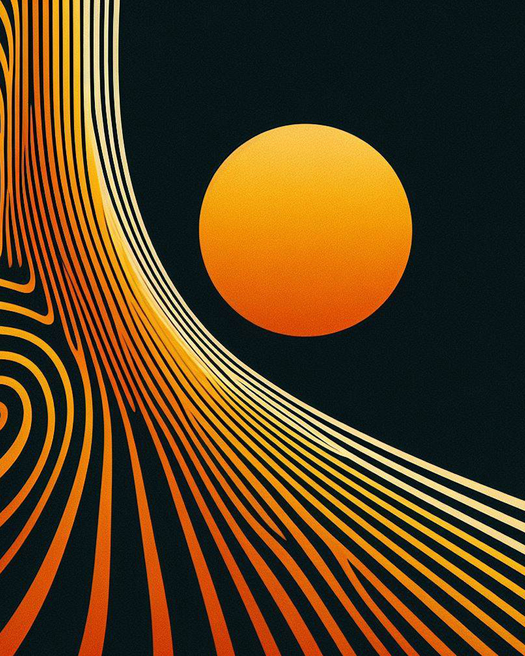 Abstract illustration featuring a warm orange sun against a dark background, with curved white lines creating a ripple effect around the sun.