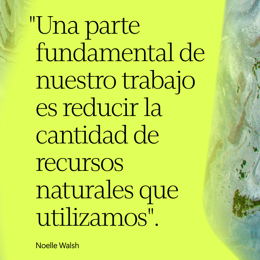 Texto sobre fondo abstracto verde y azul: Una parte fundamental de nuestro trabajo es reducir la cantidad de recursos naturales que utilizamos. Noelle Walsh.