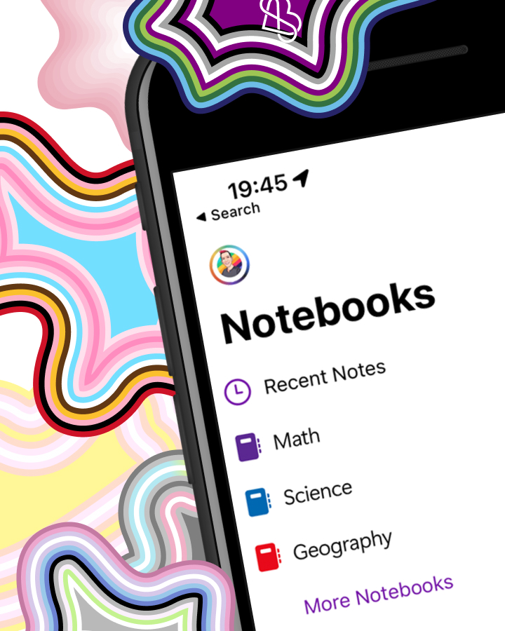 A smartphone screen displaying a "Notebooks" app with categories: Recent Notes, Math, Science, and Geography. The time is 19:45. The background features colorful, wavy patterns.