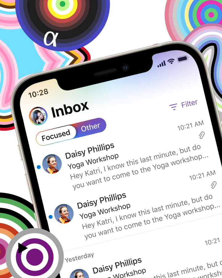 Close-up of a smartphone screen displaying an email inbox with two unread messages from Daisy Phillips about a yoga workshop. The background features colorful concentric circles.