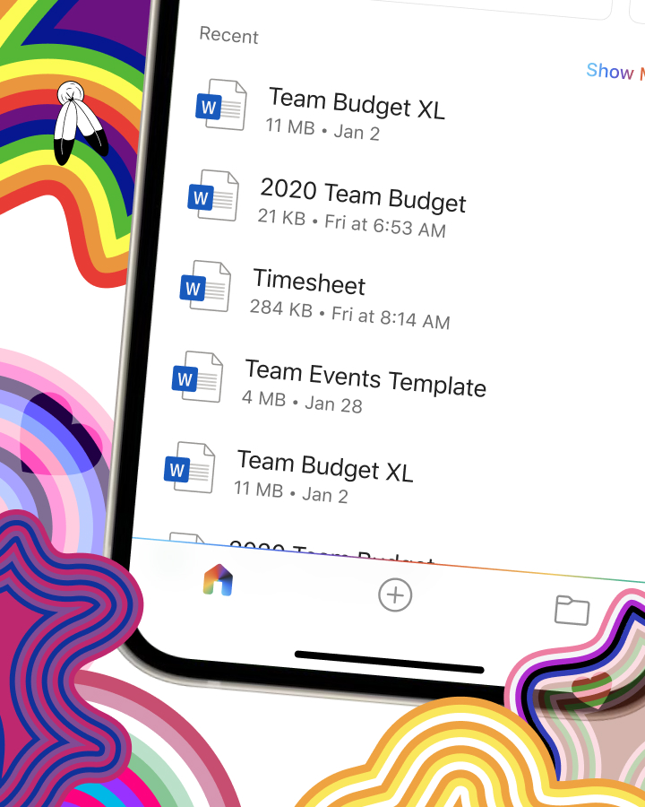 A smartphone screen displaying a file directory with documents such as "Team Budget XL," "2020 Team Budget," "Timesheet," and "Team Events Template." Psychedelic rainbow patterns frame the screen.