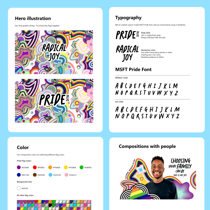 A design toolkit brimming with vibrant colors, featuring hero illustrations, typographic styles, color palettes, and composition guidelines, all celebrating themes of pride and joy.