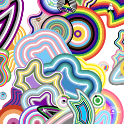 Colorful abstract illustration with various overlapping patterns and shapes, including concentric circles, waves, and star-like forms in vibrant hues of blue, yellow, pink, green, and more.