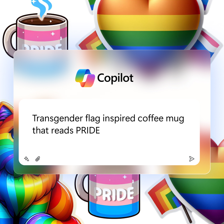 A coffee mug with the transgender pride flag design and the word "PRIDE" on it, with multiple rainbow pride items in the background.