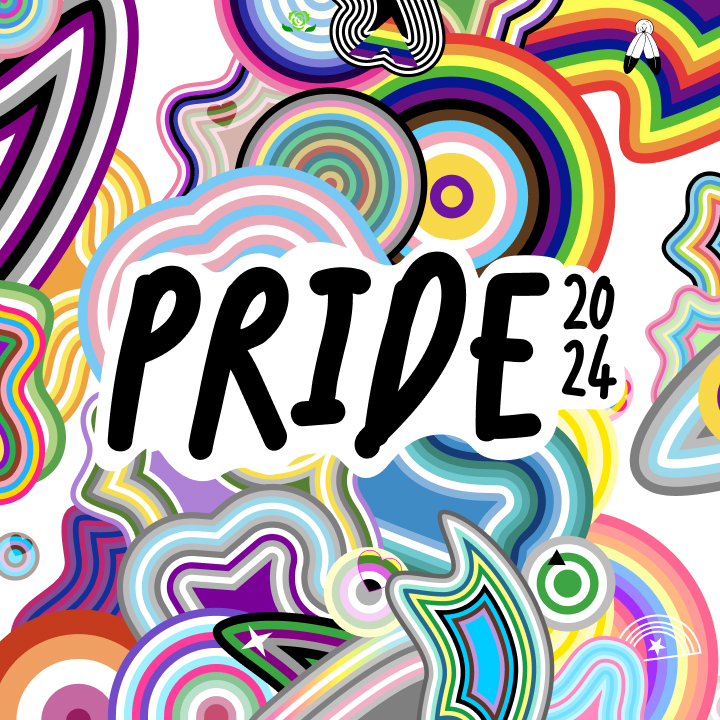 Colorful abstract patterns surround the bold text "PRIDE 2024" in black, indicating a celebration event.