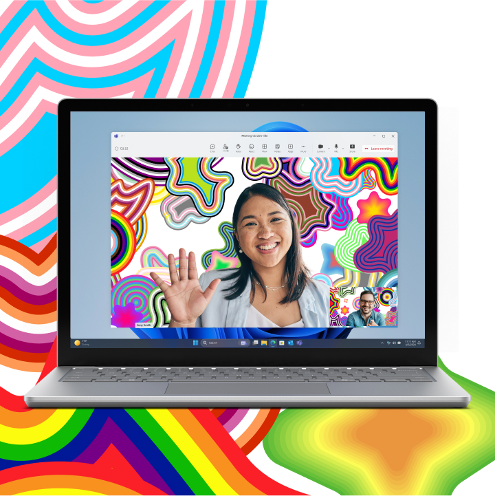 A laptop screen displaying a video call with a woman waving, set against a colorful, psychedelic background with wavy patterns.