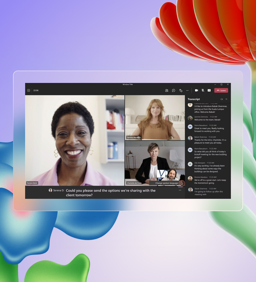 A video conference in progress on a tablet, displaying a smiling black woman in the foreground and a white woman in another window with a chat sidebar.