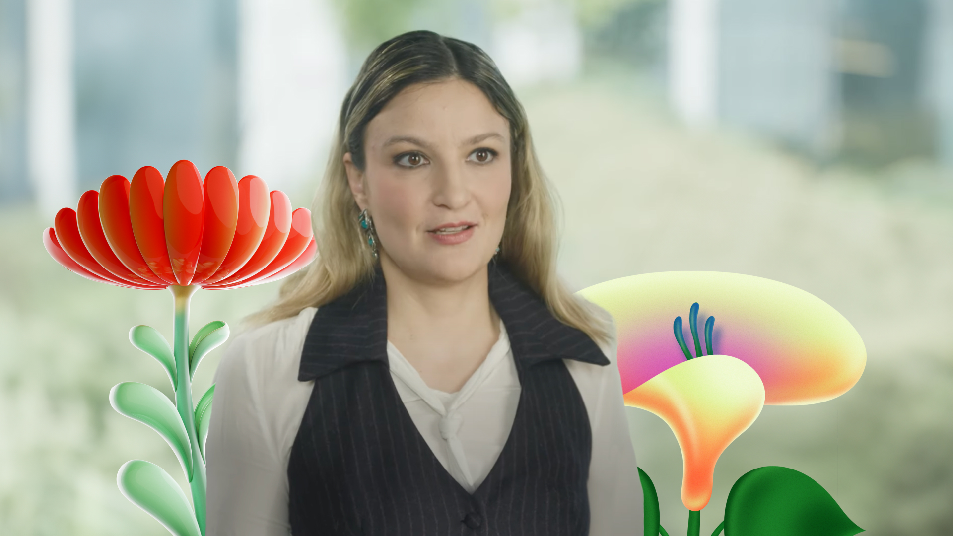 A person in a vest and blouse stands in front of a blurred background, with colorful illustrated flowers on either side.