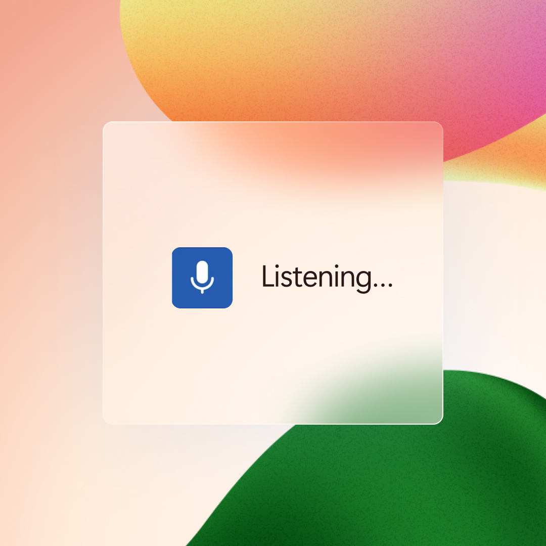A digital screen displaying a "listening" notification with a microphone icon, set against a colorful abstract background.