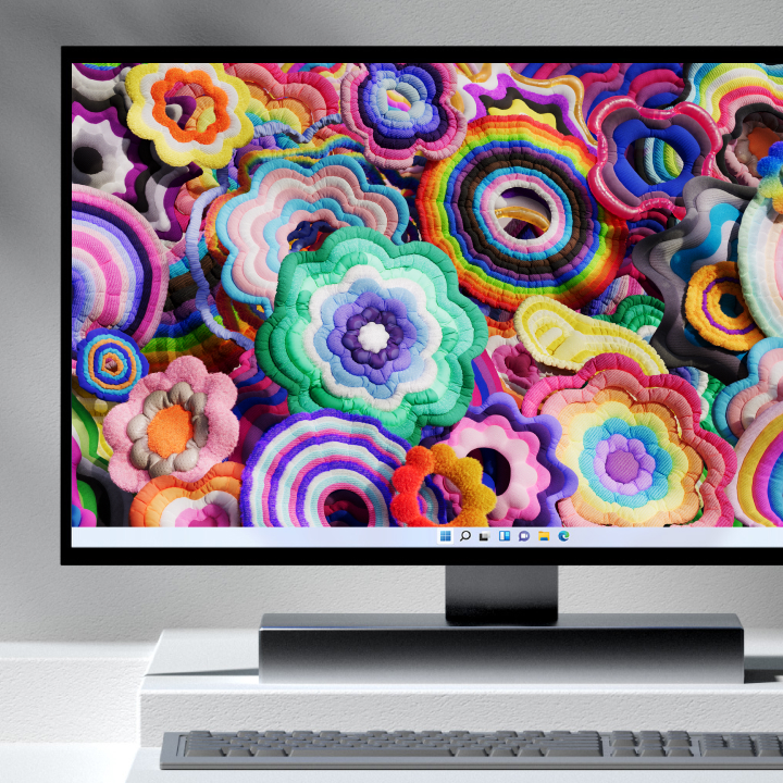 A computer monitor on a desk displays colorful, flower-shaped abstract art.