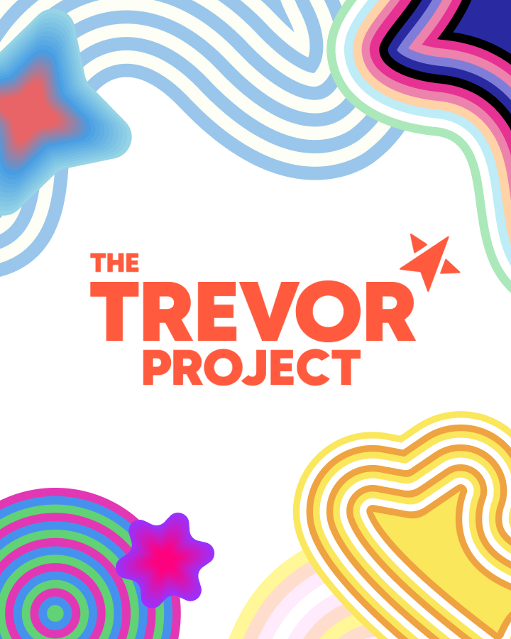 Text "The Trevor Project" in bold orange letters is centered on a white background with colorful, abstract shapes surrounding it.