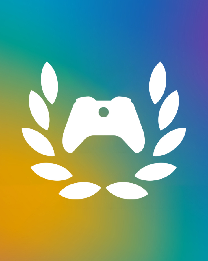 A white video game controller icon with surrounding laurel leaves on a gradient blue, green, yellow, and purple background.
