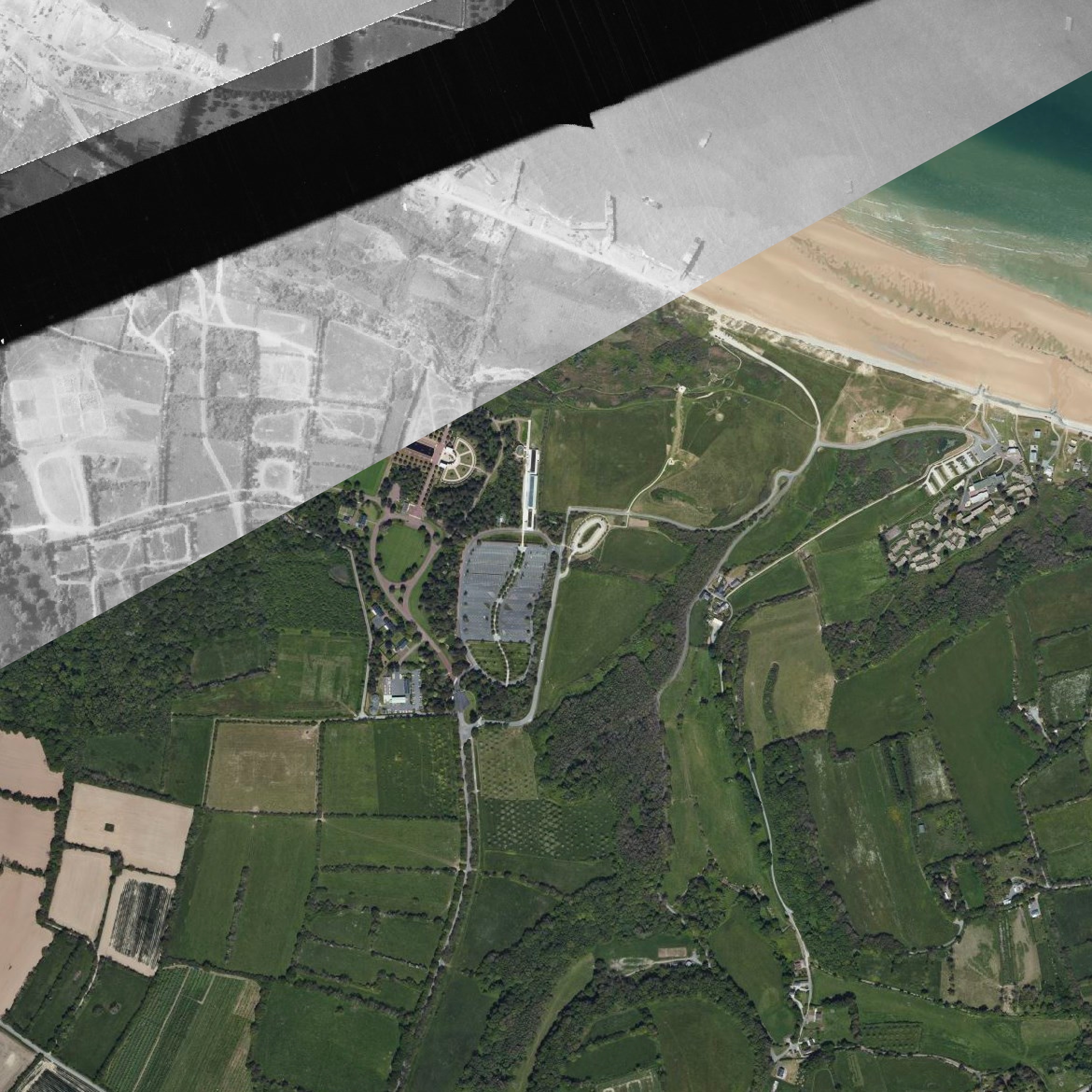 Aerial image showcasing a coastal area with a blend of historical monochrome and modern colored sections illustrating changes over time, including a beach, roads, fields, and various structures.