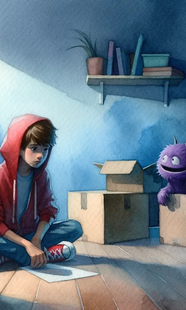 Illustration of a somber boy in a red hoodie sitting next to a cardboard box, with a purple cat-like creature beside him, set in a dimly lit room with shelves.