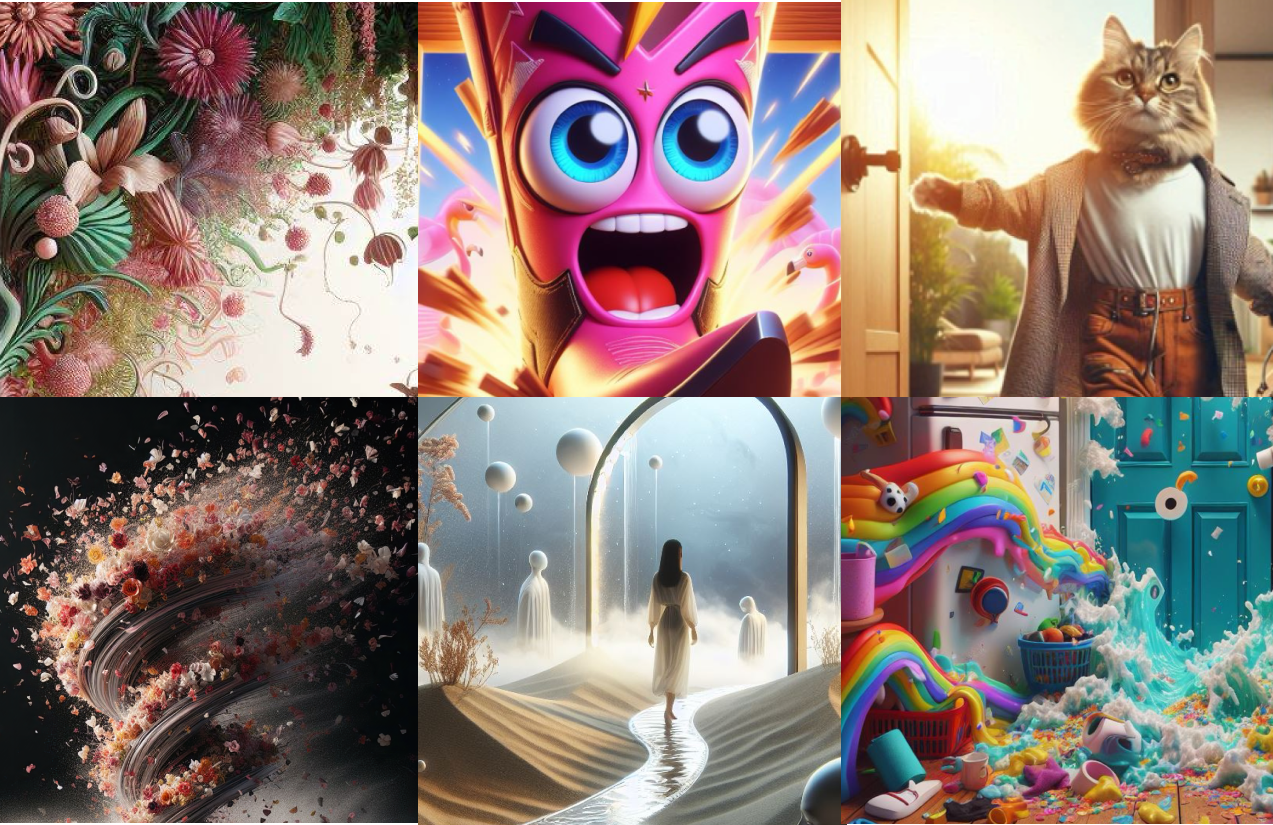 A collage of six diverse images: floral art, animated character, dressed cat, artistic explosion, woman in ethereal setting, and whimsical scene with rainbows and kitchen items.